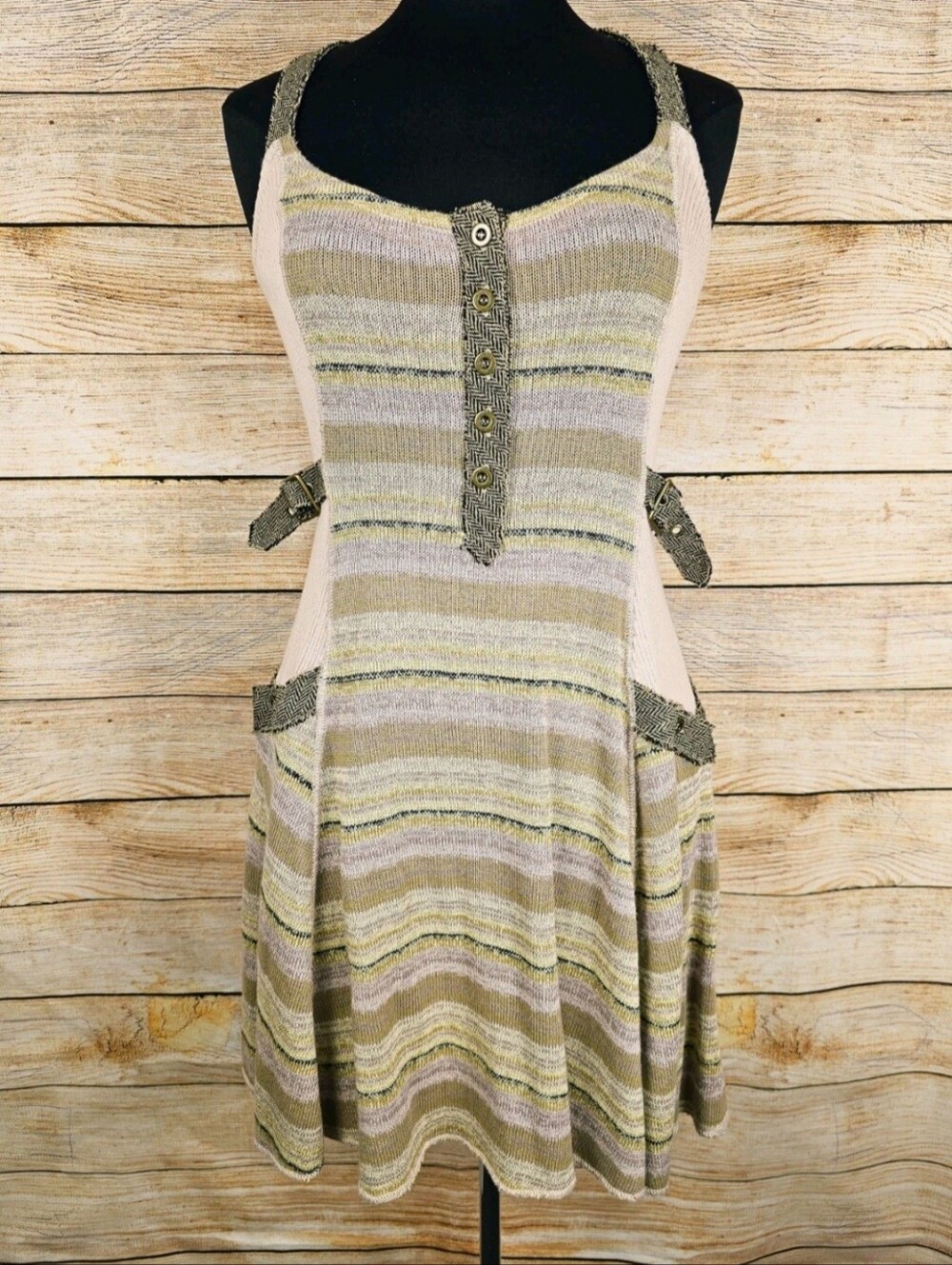 Free People Mixed Knit Striped Strap Dress Buckle Accent Pockets Stretch Large